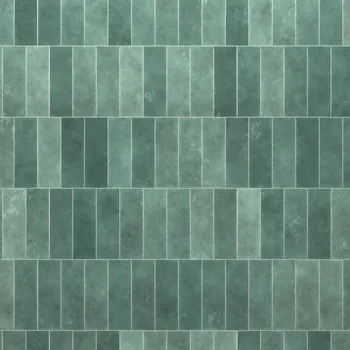 Close-up of green glazed tiles with narrow light grout joints