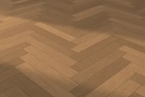 Close-up of wood-look porcelain planks in herringbone